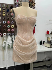 Beige Sheer Sequined Corset Draped Mini Dress