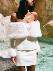 White Fur Collar Long Sleeves Off-Shoulder Top And Mini Skirt Set