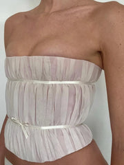 Strapless Mesh Satin Bow Tie Crop Top