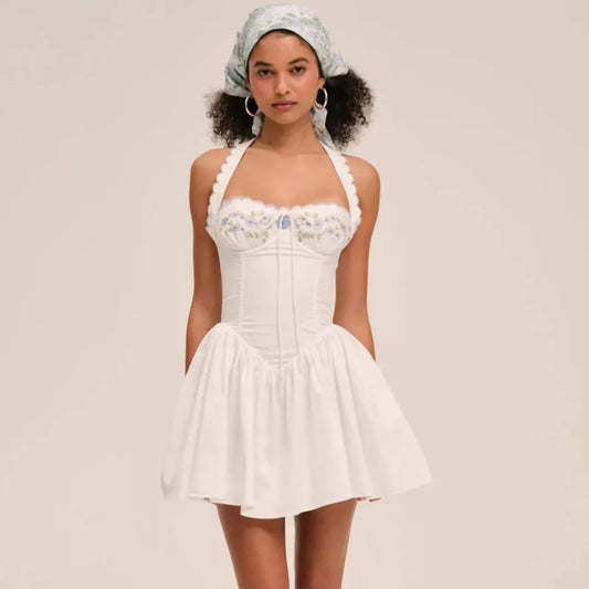 White Embroidered Floral Halter Mini Dress