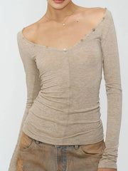 Off Shoulder Long Sleeve Sheer Button Applique Top