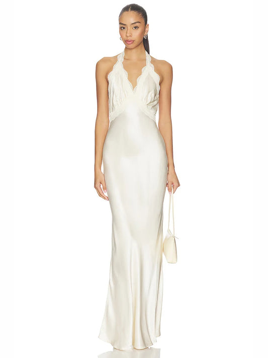 White Satin Lace Patchwork Halter Long Dress