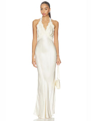 White Satin Lace Patchwork Halter Long Dress