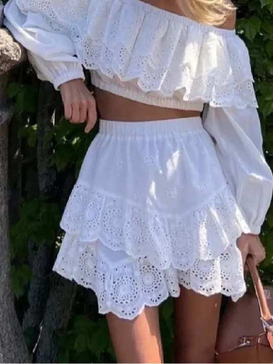 White Off-shoulder Eyelet Crop Top And Mini Skirt Set