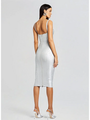 Silver Spaghetti Strap Bandage Midi Dress