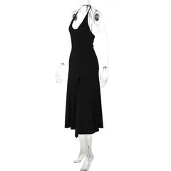Black Deep V Neck Solid Midi Dress