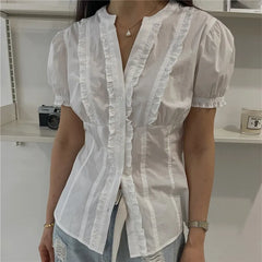 White Ruffle Puff Short Sleeve Button Down Top