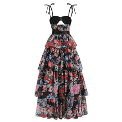 Printed Tie Up Strap Tiered Frill Irregularity Maxi Dress