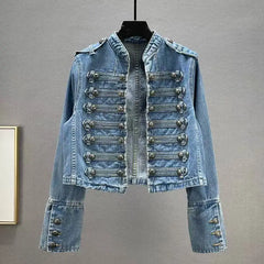 Stand Collar Button Split Short Denim Jacket