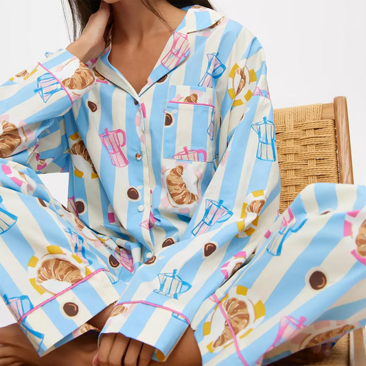 Blue Stripe Long Sleeve Pattern Print Shirt And Wide Leg Pants Sleepwear Set