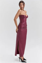 Burgundy strapless PU leather maxi dress for women.