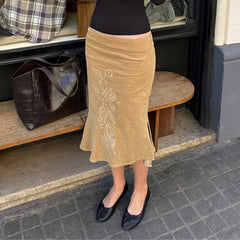 Embrodied Brown Pencil Midi Skirt
