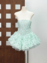 Strapless 3D Flower Appliques Frill Mini Dress