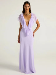 Purple Ruffle Neck Mesh Maxi Dress