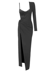 Two Piece Black One Shoulder Long Sleeve Evening Dress Suit