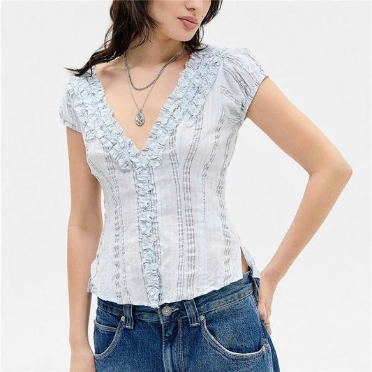 Ruffle V-Neck Short Sleeve Stripes Print Blouse