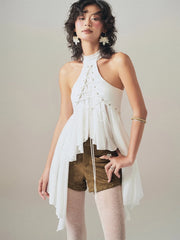 White Off Shoulder Irregular Ruffles Hem Top