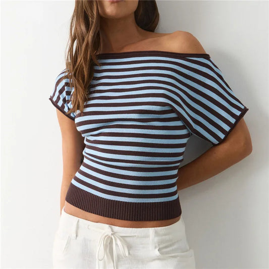Striped Diagonal Off Shoulder Short Sleeve Knit Crop Top