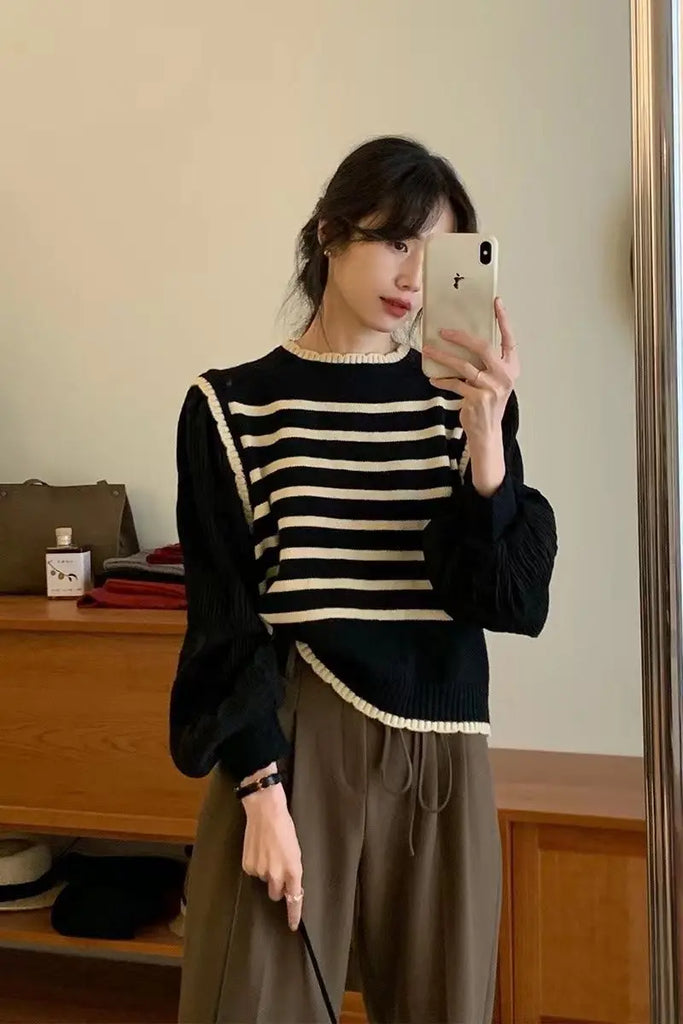 Black & White Striped Knit Patchwork Sleeve Pullover