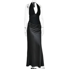 Halter Backless Tie Draped Waist Satin Maxi Dress