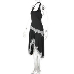 Black Halter Lace Trim Irregular Hem Midi Dress