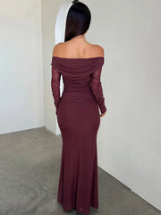 Boat Neck Mesh Long Sleeve Bodycon Maxi Dress