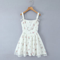 White Floral Print Bow Strap Chiffon Mini Dress