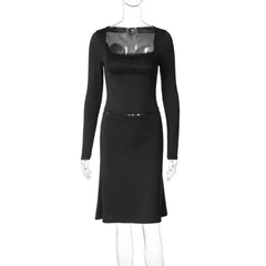 Lace Trim Square Neck Long Sleeve Crop Top And Midi Skirt Set
