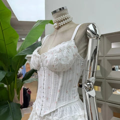 Floral Corset Hook Strappy Top And Frill Mini Skirt Set