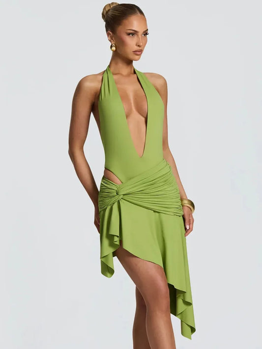 Deep V-Neck Halter Twisted Pleated Waist Irregular Hem Mini Dress