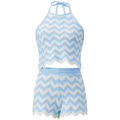 Striped Crochet Ruffle Hem Halter Top And Shorts Set