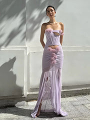Purple 3d Flower Strapless Slit Cut Out Mesh Maxi Dress