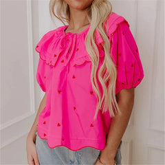 Heart Print Short Sleeve Front Tie-Up Blouse