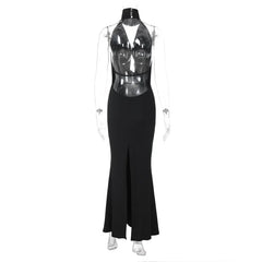 Halter Hollow Out Backless Satin Maxi Dress