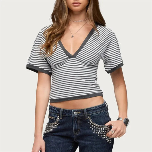 V-Neck Striped Crop T-Shirt