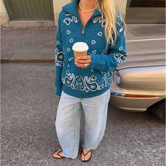 Paisley Knitted Zipper Stand Collar Cardigan Sweatshirt