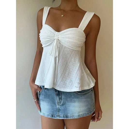 Eyelet Embroidered Ruched Bust Sleeveless Top