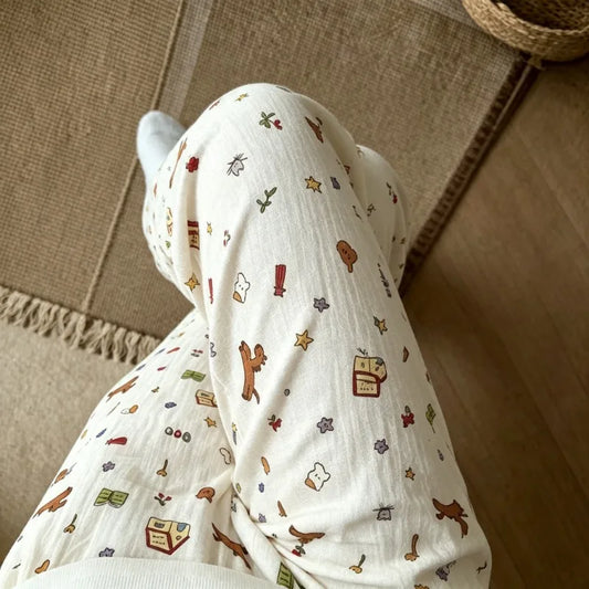 Cute Cartoon Elastic Waist Wide Leg Trousers