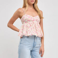 Pink Babydoll Spaghetti Strap Printed Tank Top