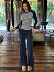Blue Striped Long Sleeve Crop Top And Low Waist Flared Pants Set