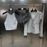 Sequins Halter Top V Neck Cardigans Applique Silver Shorts 3pcs Set