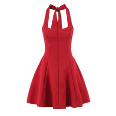 Halter bow seam pleated mini dress.