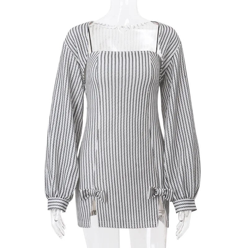 Bow Slit Striped Mini Dress With Long Sleeve Loose Cover Up Two Piece Set