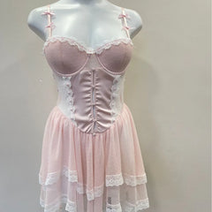 Mesh Tiered Dotted Lace Trim Mesh Night Dress