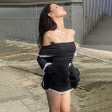Black Long Sleeve Off-shoulder Bow Mini Dress