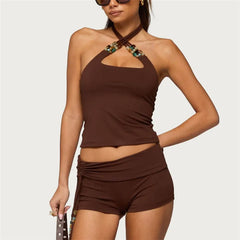 Brown Cross Strap Beaded Crop Top and Drawstring Shorts Set