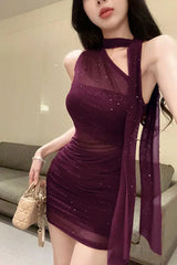 Sequin Mesh Halter Neck Drape Mini Dress