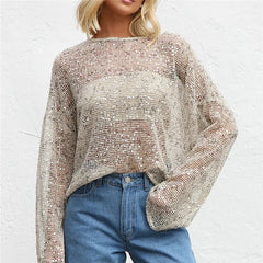 Silver Sequin Mesh Long Sleeve Top