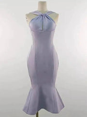 Purple Stain Wrap Around Halter Mermaid Hem Midi Dress