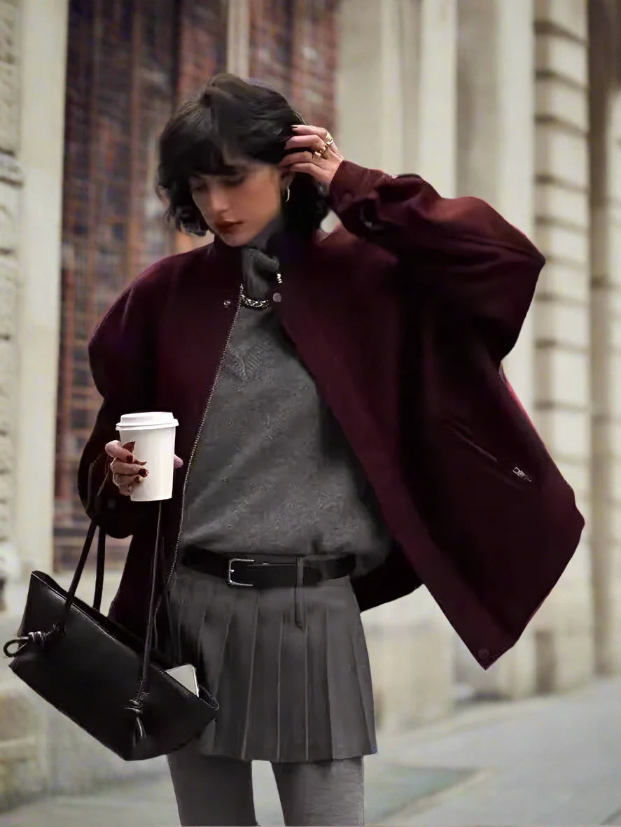 Women's baseball jacket in burgundy.